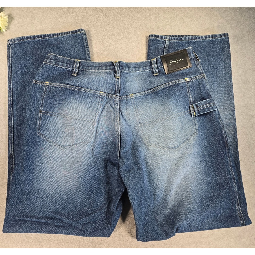 Sean John Mens Baggy Jeans 38x34 Dark Wash Blue Denim Embroidered Logo Y2K Baggy